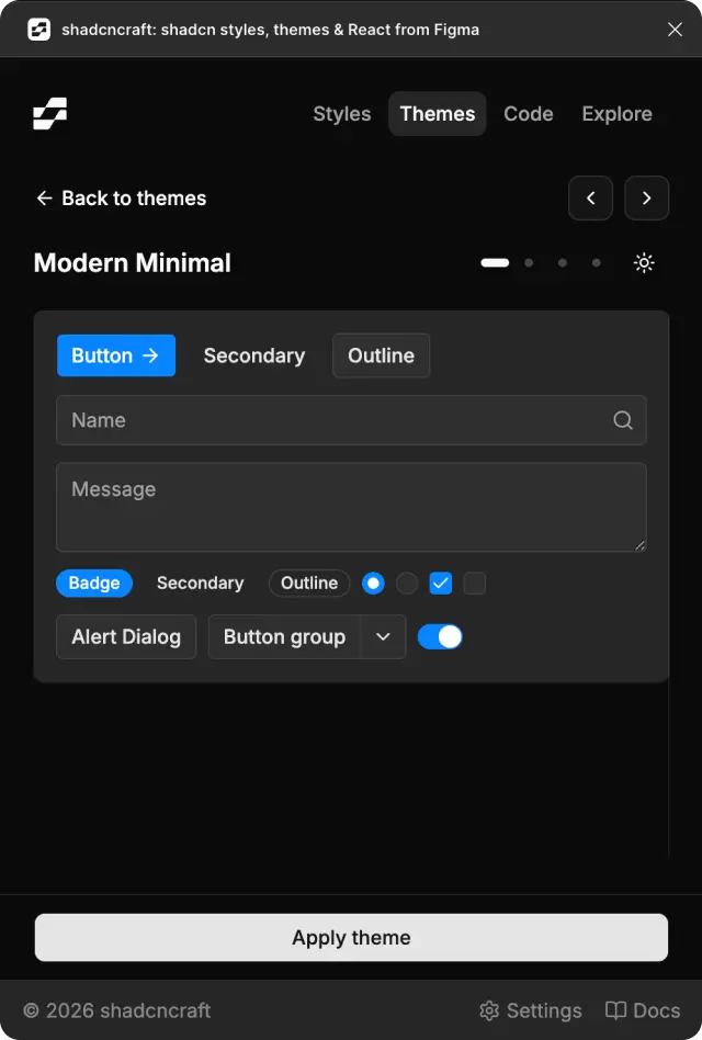 Theme preview in the shadcncraft Figma plugin