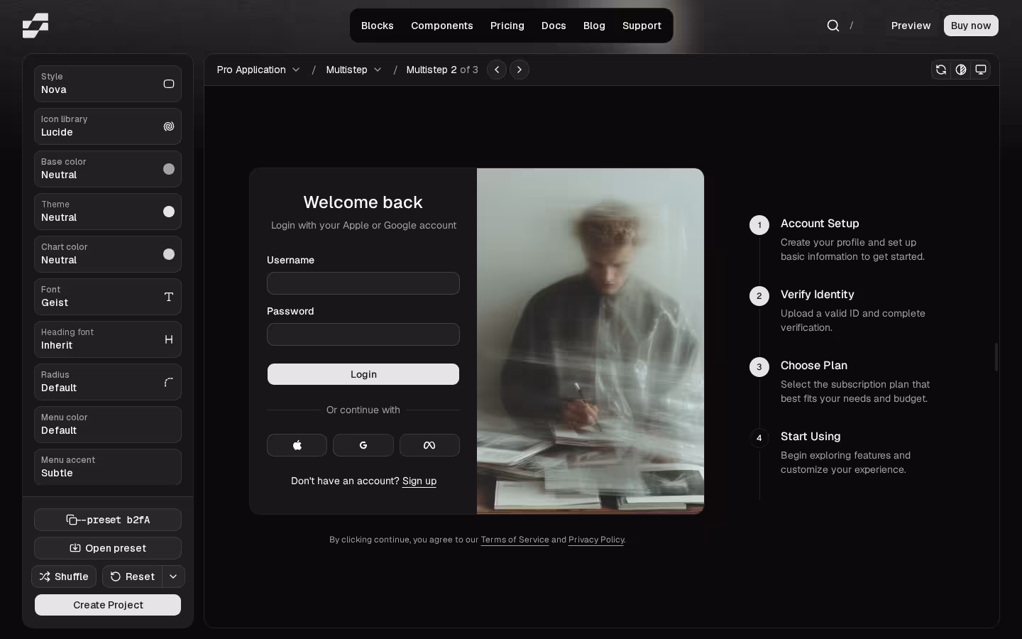 Pro React components and blocks styled by the same shadcn theme tokens, dark mode