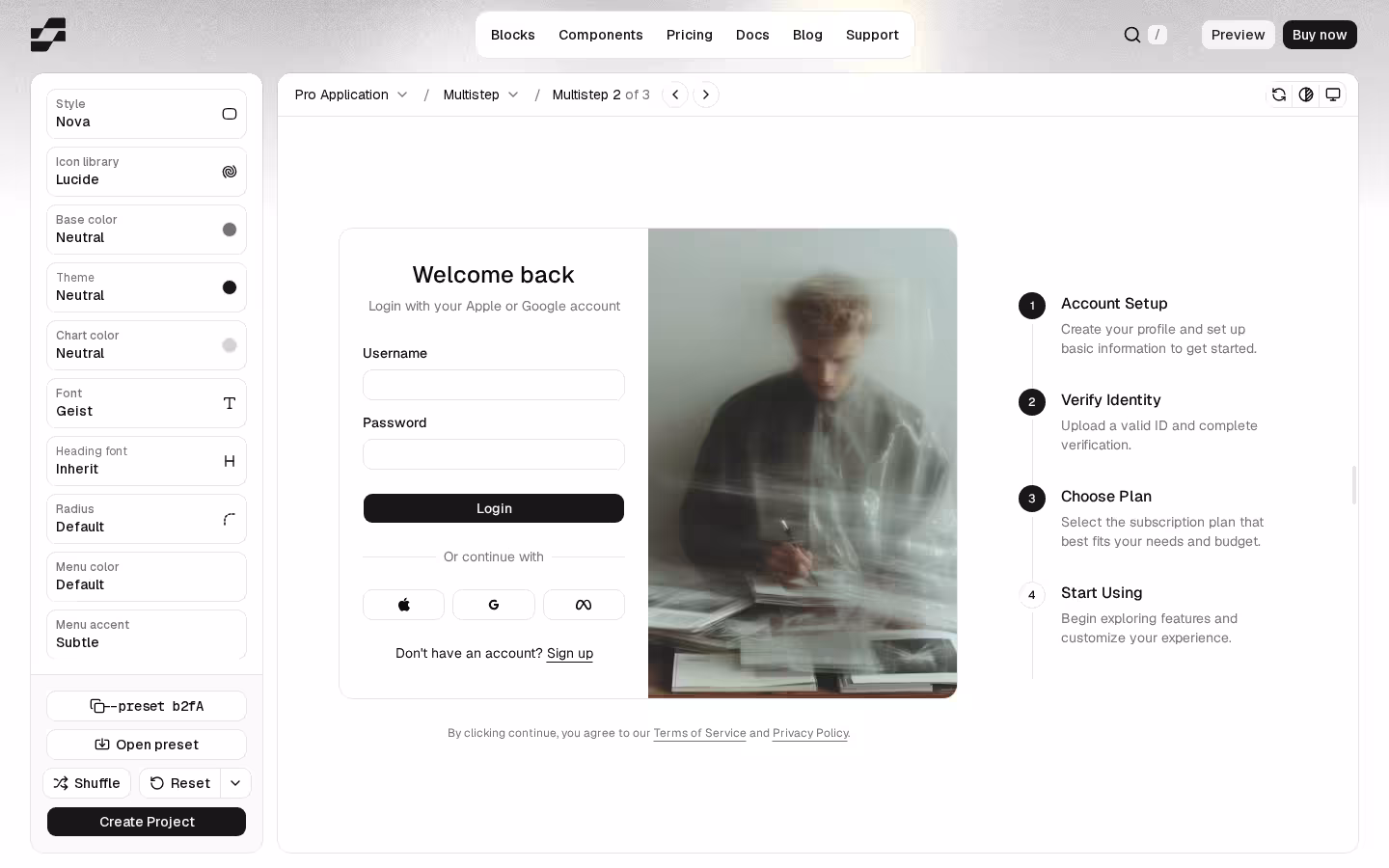 Pro React components and blocks styled by the same shadcn theme tokens